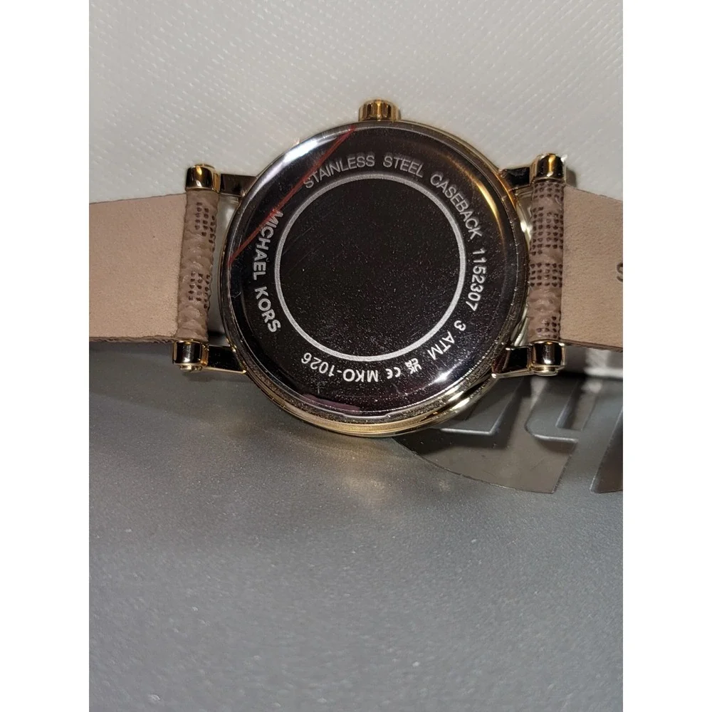 Michael Kors woman's 3 hand watch Corey crystals brown logo band NWT MKO1026